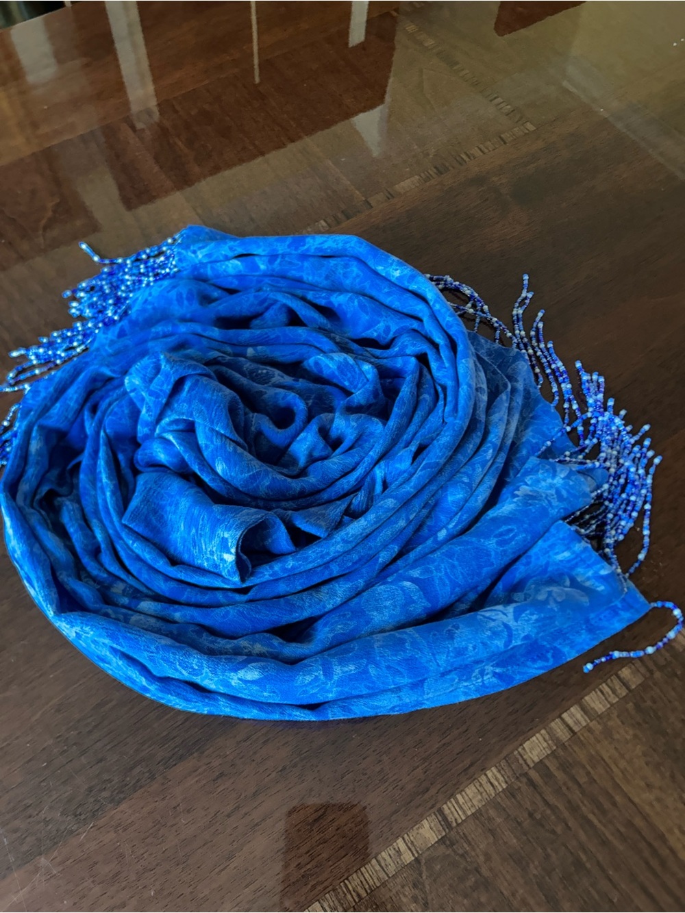 Blue Beaded Fringe Women's Scarf 19“ x 71“